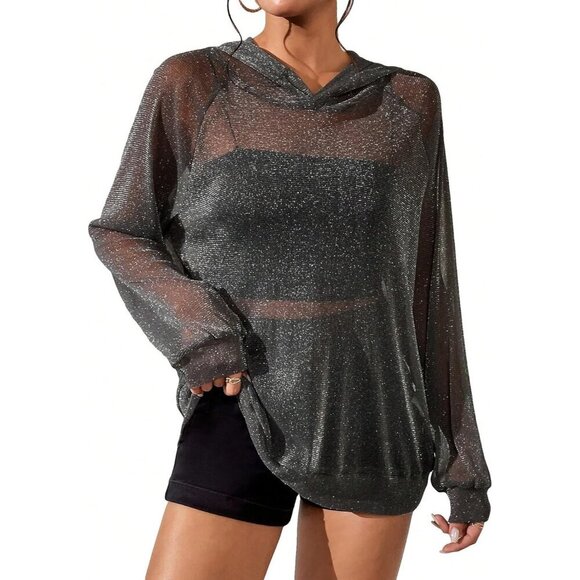 Tops - Women's Glitter Sheer Mesh Long Sleeve Oversized Pullover Hoodie Top